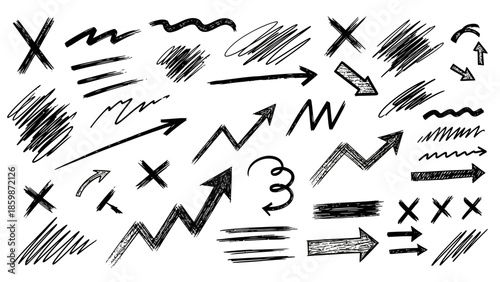 Hand drawn black and white arrow vector set featuring a collection of sketch design elements and business direction signs for web icons and line patterns