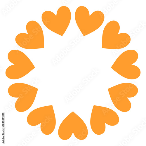 Simple circular frame made of bold orange heart shapes arranged in a clean, modern ring. Minimal and playful design perfect for Valentines Day, love themed graphics, cards, stickers, and invitations