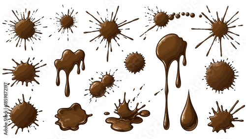 Vector illustration set of autumn leaves and acorns with brown coffee cups, chocolate dessert icons, and sweet cafe symbols in a cartoon design