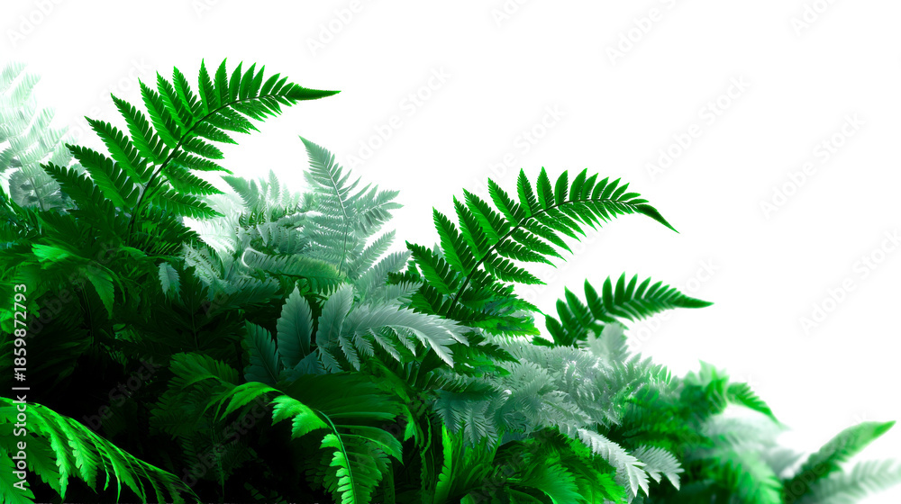 Obraz premium Vibrant green fern leaves creating a fresh tropical border ideal for natural wellness product packaging, ecofriendly promotions, or springtime seasonal event invitations.