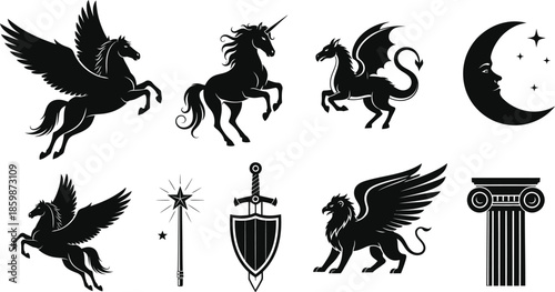 Collection of mythological creatures and fantasy symbols