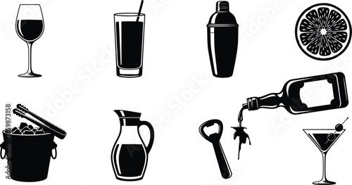 Cocktail and wine bar tools and glasses