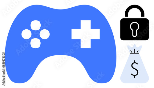 Gaming controller, lock icon, and money bag visualizing gaming security, monetization strategies, and industry trends. Ideal for cybersecurity, gaming economy, data protection, technology finance
