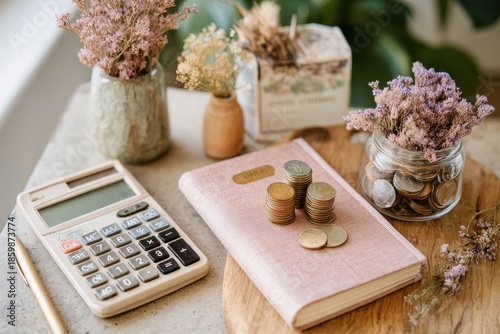 Aesthetic workspace with calculator, coins, notebook, and dried flowers for financial planning and budgeting in a serene and natural environment