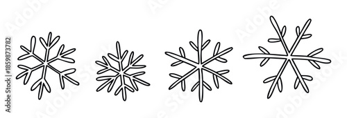 Hand drawn winter season snowflake outline glyphs perfect for decorating holiday greetings, seasonal packaging, and cold weather event invitations.
