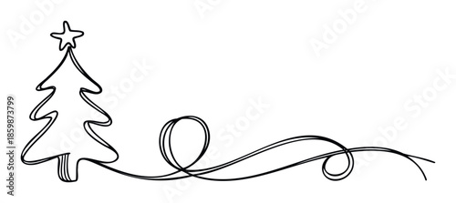 Minimalist continuous line drawing of a festive Christmas tree with a star and decorative swirl creates an elegant holiday greeting or winter season background for various seasonal