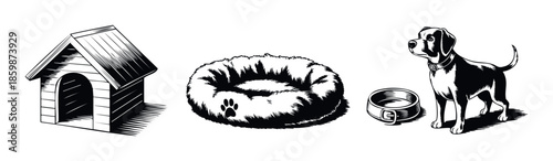 A collection of essential dog items featuring a classic doghouse, a comfortable pet bed, and a friendly dog with a collar and food bowl for pet supply promotion.