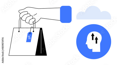 Shopping concept. Shopping bag with a discount tag alongside a growth icon consumer trends. Shopping related to sales, e-commerce, retail, decision-making, marketing trends