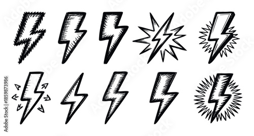 Hand drawn dynamic lightning bolts set with grunge texture, perfect for energetic graphic projects, rock music album covers, sports branding, or comic book designs