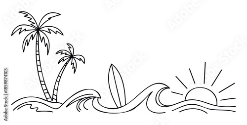 Tropical beach scene with palm trees, ocean waves, a surfboard and sun, perfect for summer travel promotions or vacation graphics for leisure publications.