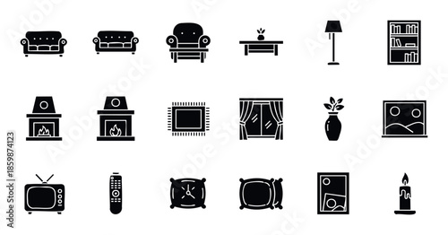 Simple household furniture and decor items presented as black glyph icons suitable for website elements, mobile applications, and domestic product showcases