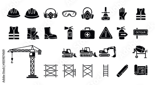 Comprehensive collection of construction and safety icons representing essential tools, equipment, and signs for building projects and road work, perfect for web graphics and educational