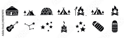 Outdoor adventure and camping activity silhouette icons featuring yurts, tents, igloos, campfires, guitars, stars, and sleeping bags for travel and nature projects.