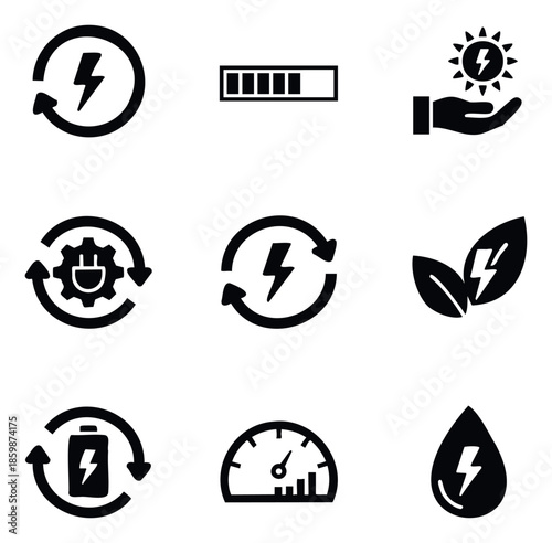 Comprehensive vector icon set depicting renewable energy, electric power, battery charging, solar power, hydro power, and eco friendly solutions for sustainable technology applications.
