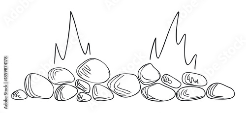 Simple black and white outline drawing showing a collection of smooth rounded river stones and abstract flame like peaks for tranquil nature themed presentations or outdoor activity