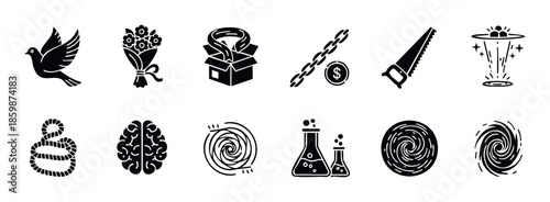 Diverse selection of black and white conceptual symbols covering themes of nature, commerce, tools, consciousness, scientific discovery, and abstract phenomena useful for contemporary