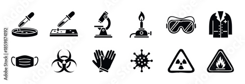 Collection of science and medical laboratory tools protective equipment and hazard warning symbols perfect for educational materials health and safety presentations and research applications