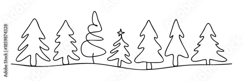 Simple black line drawing showcasing a whimsical continuous forest of fir trees, including one with a star, great for winter holiday themes and festive projects.