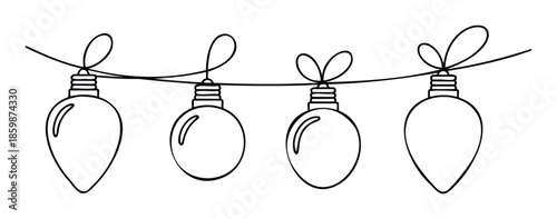 A festive string of outline Christmas lights with various shapes and tied bows for holiday decoration, perfect for seasonal greetings, invitations, and winter celebration graphics.