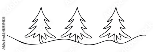 Simple line drawing of three evergreen pine trees standing on a rolling ground for minimalist winter holiday decorations and graphic resources