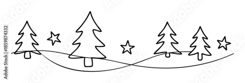 Simple continuous line drawing featuring festive evergreen trees and twinkling stars, perfect for seasonal holiday greeting text dividers, celebratory event invitations, or winter themed