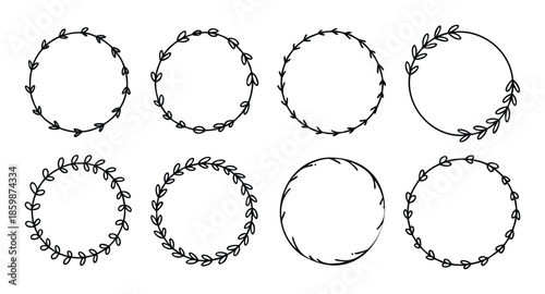 Set of hand drawn botanical wreaths and frames featuring organic leafy branches perfect for wedding invitations, greeting cards, and social media graphics.