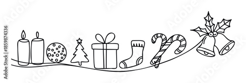 Simple line drawing of various Christmas holiday objects like candles cookie tree gift stocking candy canes and bells perfect for festive seasonal greeting designs.