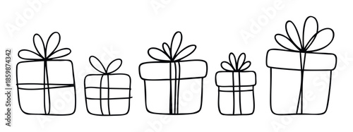 A collection of simple black outline hand drawn gift boxes with bows, perfect for holiday greetings and special occasion packaging and decor.