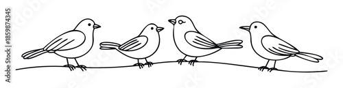 A group of four simple line drawing birds perched together on a branch, perfect for childrens learning materials or a sweet naturethemed graphic design project