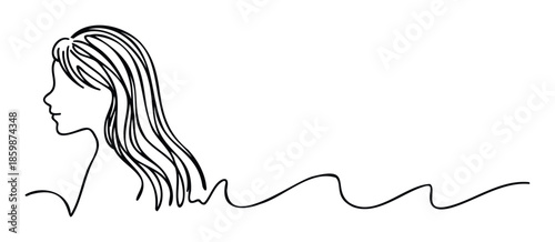 Minimalist continuous line drawing of a womans profile with long flowing hair transforming into a dynamic wavy line, ideal for contemporary branding, modern graphics, or lifestyle