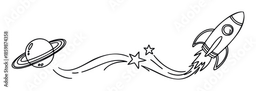 Minimalist black and white vector graphic depicting a streamlined space rocket ascending across a starry trail towards a ringed planet, symbolizing innovation and future exploration