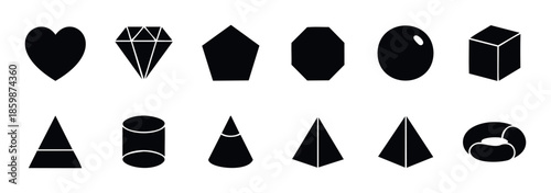 A versatile collection of basic two dimensional and three dimensional geometric shapes perfect for educational resources, graphic design projects, and abstract visual presentations.