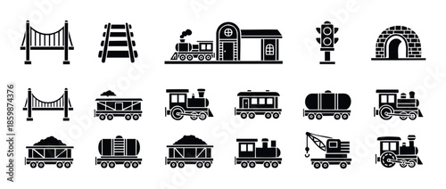Train and railway transportation system black silhouette icons collection for various graphic projects web and application interface vector objects