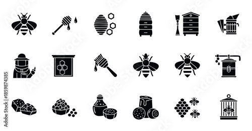 Comprehensive beekeeping and honey production icon set for natural food branding, educational resources, and agricultural industry applications