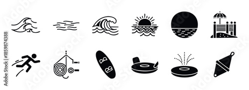 Essential collection of summer and beach activity icons featuring waves, sun, water, running, surfing, fishing, and floats, ideal for websites, mobile apps, and vacation promotions.