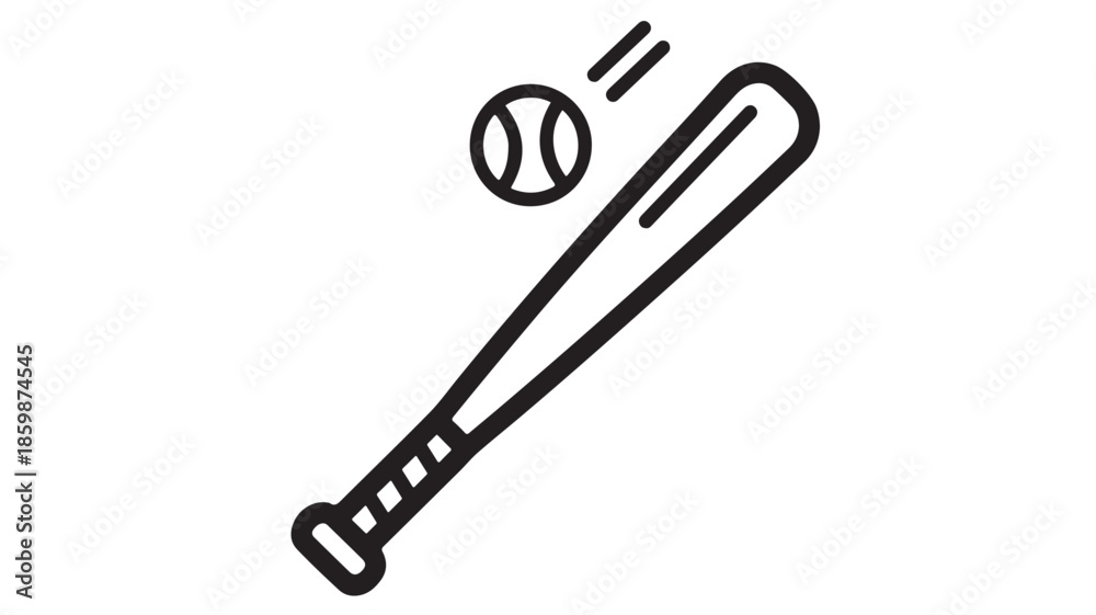 Fototapeta premium Baseball bat hitting ball in simple line art style with bold black lines on white background for sports logo