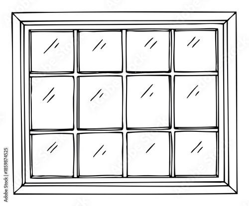 Simple hand drawn sketch of a classic window frame with multiple glass panes providing an architectural element for graphic design projects and building interior or exterior decoration
