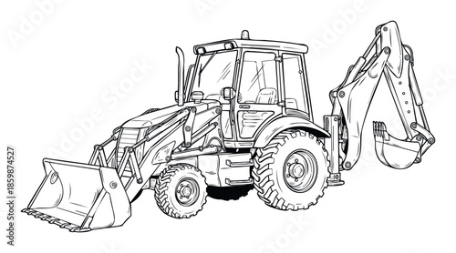 Black and white line drawing of a powerful backhoe loader, ideal for construction project visuals, engineering diagrams, and industrial themed educational materials.