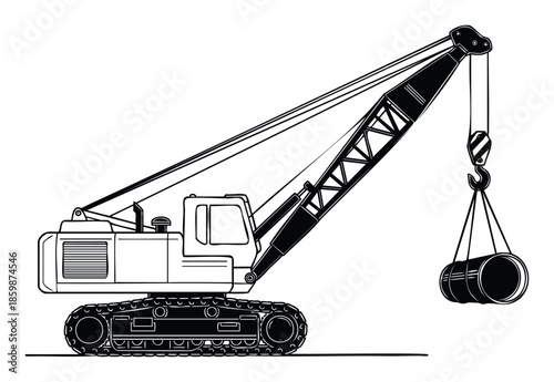 Heavy duty crawler crane operating on a construction site lifting a large metal pipe, ideal for industrial engineering and infrastructure project visuals and presentations.
