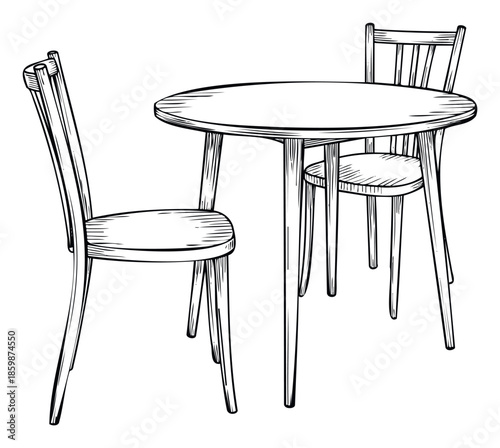 Simple line drawing of a round dining table and two wooden chairs, perfect for illustrating interior design concepts, cafe layouts, or home furnishing themes