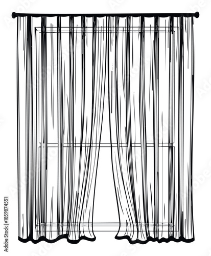 A hand drawn sketch of window curtains opening to reveal a bright view, perfect for home decor concepts, interior design visuals, and architectural project presentations.