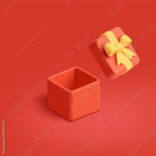 Red open empty gift box, 3D on red background. For gift, surprise, wedding, love, birthday concepts. Vector illustration.