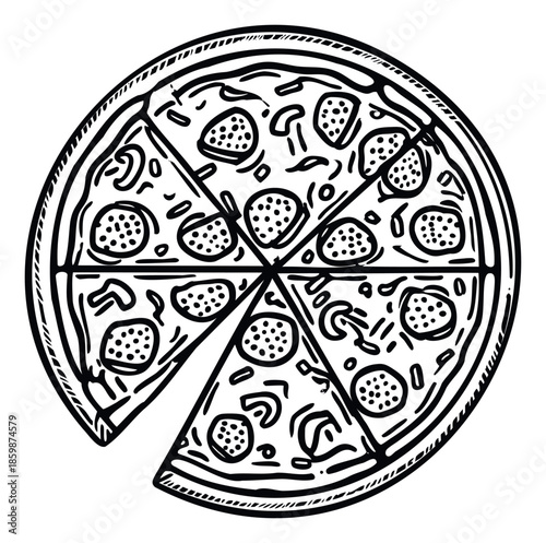 Delicious whole pizza with one slice separated displaying classic pepperoni and mushroom toppings in a detailed hand drawn outline ideal for food branding restaurant menus fast food