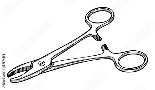 Monochrome technical sketch of a medical clamp or hemostat instrument, perfect for scientific education, healthcare presentations, or industrial equipment guides