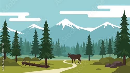 Flat design mountain forest landscape illustration with a deer on a winding path, surrounded by towering pine trees and distant snow-capped peaks