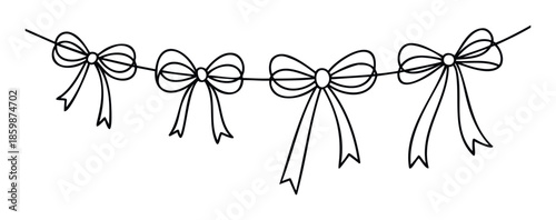 Black outline garland featuring decorative bows in varying sizes strung together, perfect for festive decorations, party invitations, or holiday greeting projects.