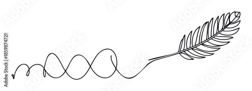 Continuous single line drawing showing a feather pen evolving from a fluid wavy path symbolizing inspiration and the flow of thought for educational or communication materials