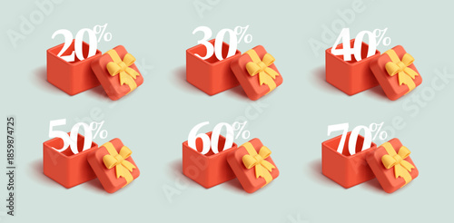 Set of open 3D red boxes with promotional discounts on goods and services inside the box. Special offer, percentage, shopping, retail. Vector illustration.