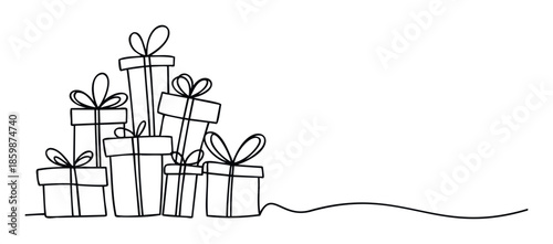 Stacked gift boxes in a continuous line drawing style with bows celebrating holidays and special occasions for greeting pages or promotional material