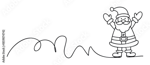Simple black outline illustration of Santa Claus created with a continuous line, perfect for holiday season advertisements, cheerful Christmas event invitations, and festive themed digital